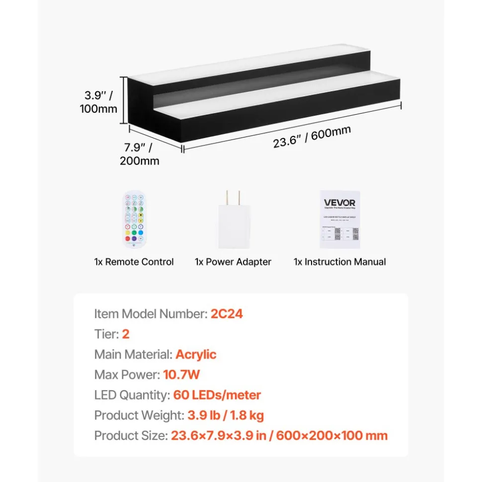 VEVOR LED Lighted Liquor Bottle Display, 2 Tiers 24 inches, Supports USB, Acrylic Illuminated Home Bar Shelf Display with RF Remote & App Control, 9 Static Colors, Timing Mode, for 12-16 Bottles