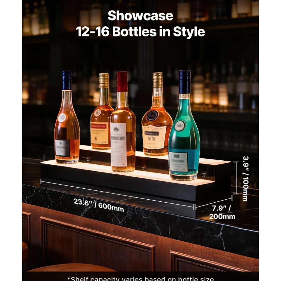 VEVOR LED Lighted Liquor Bottle Display, 2 Tiers 24 inches, Supports USB, Acrylic Illuminated Home Bar Shelf Display with RF Remote & App Control, 9 Static Colors, Timing Mode, for 12-16 Bottles