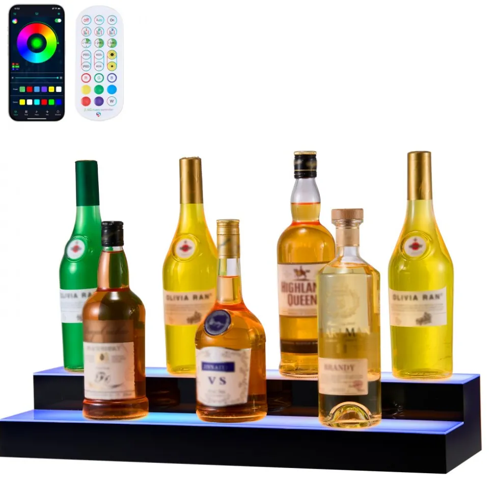VEVOR LED Lighted Liquor Bottle Display, 2 Tiers 24 inches, Supports USB, Acrylic Illuminated Home Bar Shelf Display with RF Remote & App Control, 9 Static Colors, Timing Mode, for 12-16 Bottles