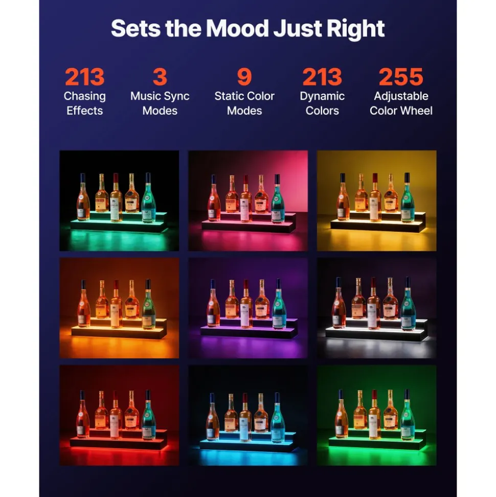 VEVOR LED Lighted Liquor Bottle Display, 2 Tiers 24 inches, Supports USB, Acrylic Illuminated Home Bar Shelf Display with RF Remote & App Control, 9 Static Colors, Timing Mode, for 12-16 Bottles