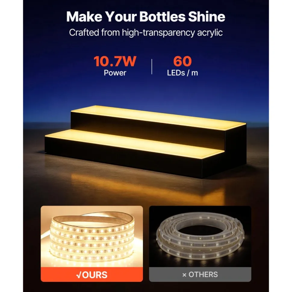 VEVOR LED Lighted Liquor Bottle Display, 2 Tiers 24 inches, Supports USB, Acrylic Illuminated Home Bar Shelf Display with RF Remote & App Control, 9 Static Colors, Timing Mode, for 12-16 Bottles