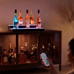 VEVOR LED Lighted Liquor Bottle Display, 2 Tiers 24 inches, Supports USB, Acrylic Illuminated Home Bar Shelf Display with RF Remote & App Control, 9 Static Colors, Timing Mode, for 12-16 Bottles