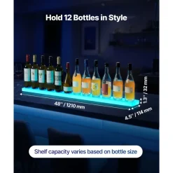 VEVOR LED Lighted Liquor Bottle Display, 1-Tier 48 Inches Whiskey Rack, Supports USB, Illuminated Home Bar Shelf with RF Remote & App Control, 7 Static Colors, Acrylic Lighted Shelf for 12 Bottles