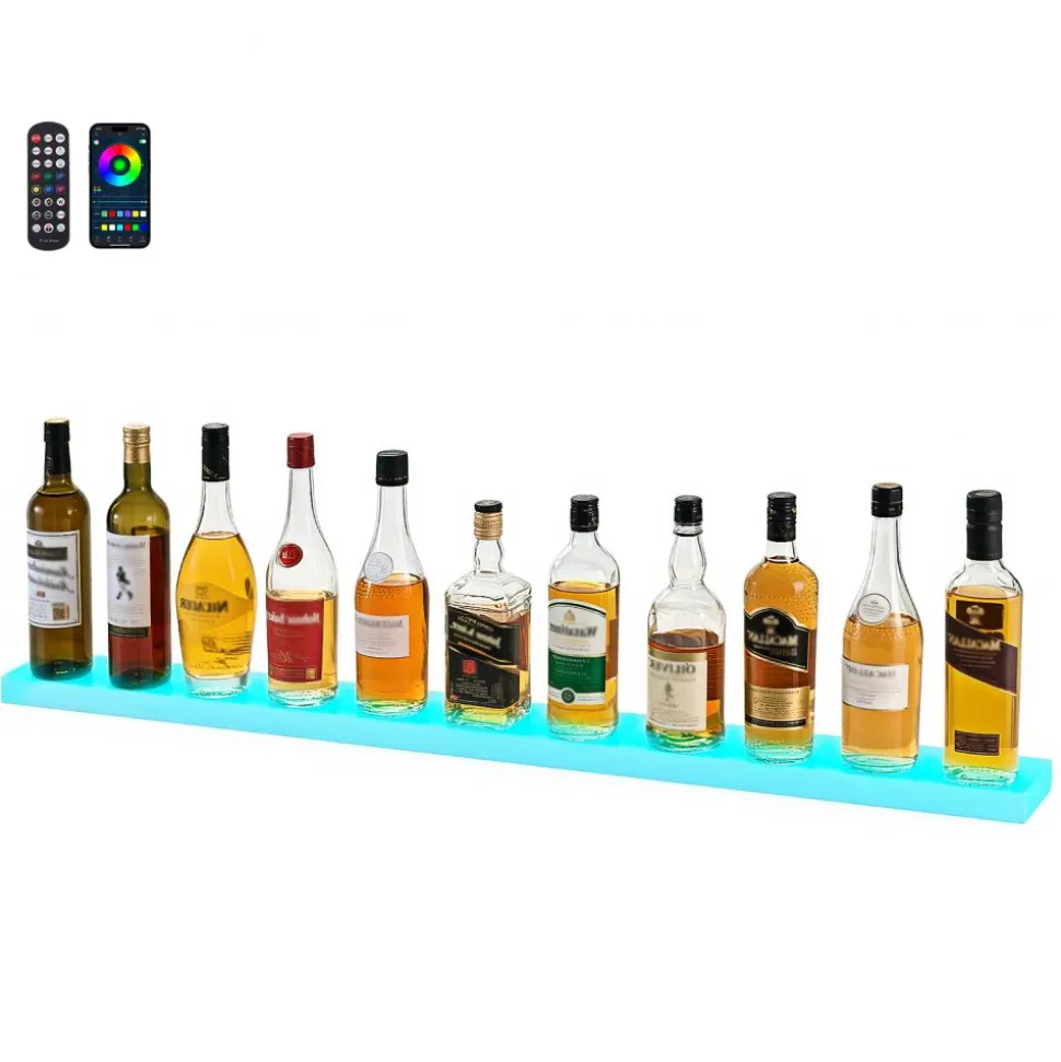 VEVOR LED Lighted Liquor Bottle Display, 3 Tiers 40 Inch Commercial Illuminated Home Bar Shelf, 3 Steps Whiskey Rack Stand, Acrylic Drink Shelves with RF Remote & App Control, and Multicolor lighting