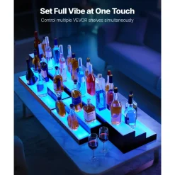VEVOR LED Lighted Liquor Bottle Display, 3 Tiers 40 Inch Commercial Illuminated Home Bar Shelf, 3 Steps Whiskey Rack Stand, Acrylic Drink Shelves with RF Remote & App Control, and Multicolor lighting