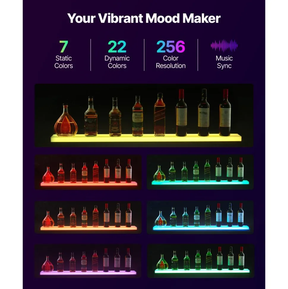 VEVOR LED Lighted Liquor Bottle Display, 3 Tiers 40 Inch Commercial Illuminated Home Bar Shelf, 3 Steps Whiskey Rack Stand, Acrylic Drink Shelves with RF Remote & App Control, and Multicolor lighting
