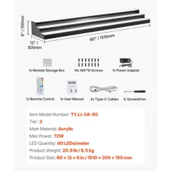 VEVOR LED Lighted Liquor Bottle Display, 3 Tiers 60 inches, Acrylic Illuminated Home Bar Shelf Display with RF Remote & App Control, DIY Setup with Type-C Cables, 9 Static Colors, for 45-60 Bottles