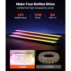 VEVOR LED Lighted Liquor Bottle Display, 3 Tiers 60 inches, Acrylic Illuminated Home Bar Shelf Display with RF Remote & App Control, DIY Setup with Type-C Cables, 9 Static Colors, for 45-60 Bottles