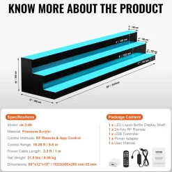 VEVOR LED Lighted Liquor Bottle Display, 3 Tiers 40 inches, Acrylic Illuminated Home Bar Shelf Display with RF Remote & App Control, DIY Setup with Type-C Cables, 9 Static Colors, for 30-39 Bottles