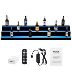 VEVOR LED Lighted Liquor Bottle Display, 3 Tiers 60 Inch Commercial Illuminated Home Bar Shelf, 3 Steps Whiskey Rack Stand, Acrylic Drink Shelves with RF Remote & App Control, and Multicolor lighting
