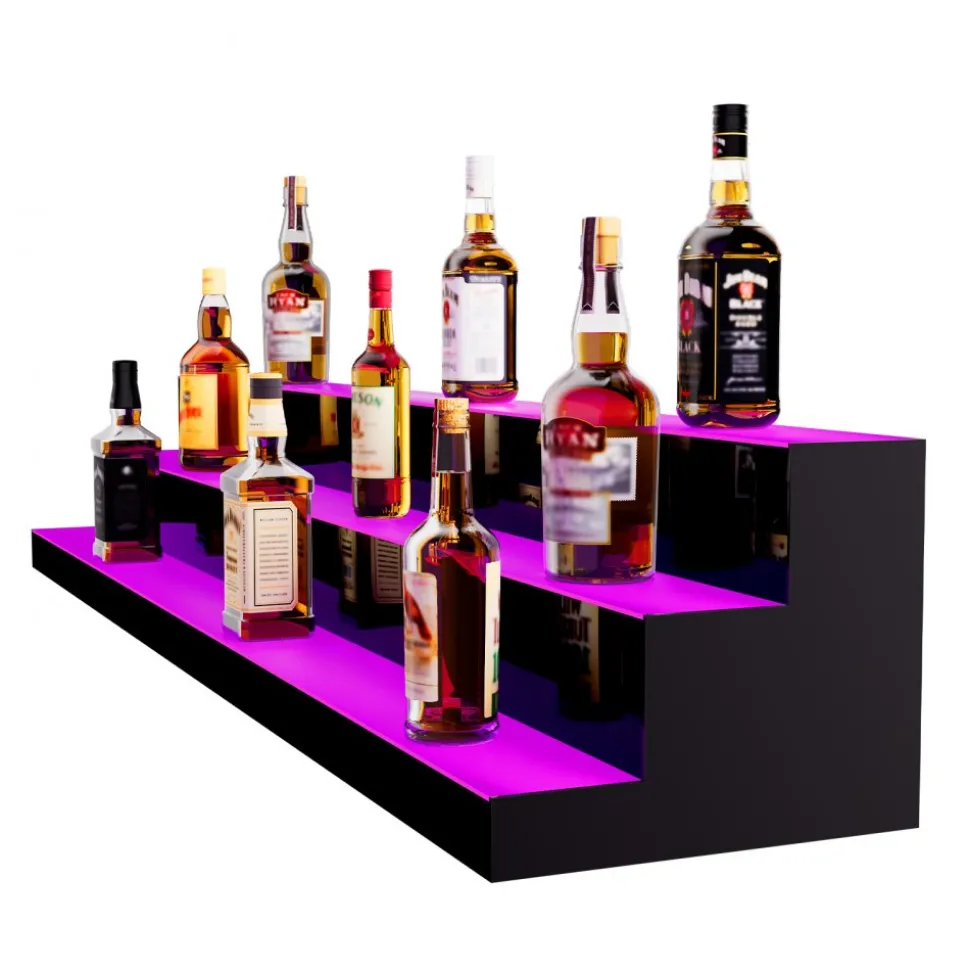 VEVOR LED Lighted Liquor Bottle Display, 3 Tiers 60 Inch Commercial Illuminated Home Bar Shelf, 3 Steps Whiskey Rack Stand, Acrylic Drink Shelves with RF Remote & App Control, and Multicolor lighting