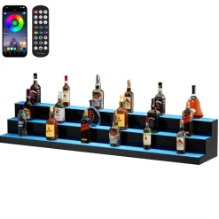 VEVOR LED Lighted Liquor Bottle Display, 3 Tiers 60 Inch Commercial Illuminated Home Bar Shelf, 3 Steps Whiskey Rack Stand, Acrylic Drink Shelves with RF Remote & App Control, and Multicolor lighting