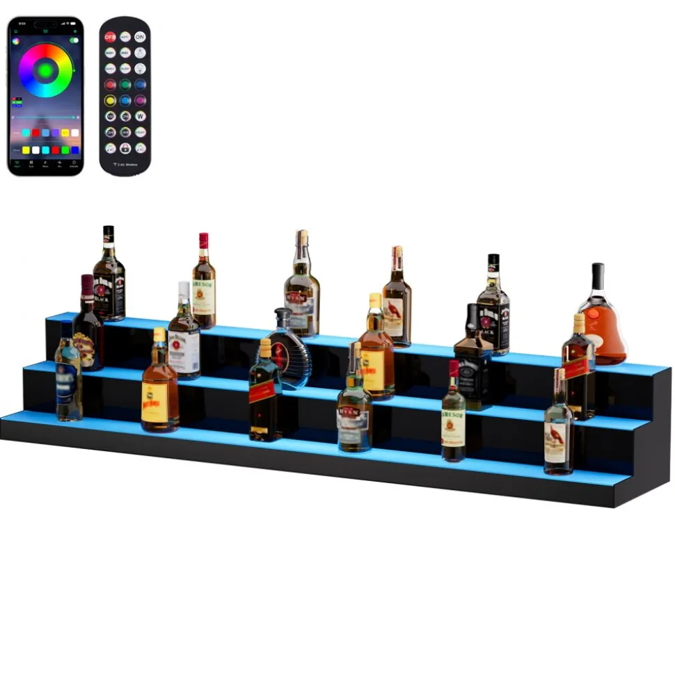 VEVOR LED Lighted Liquor Bottle Display, 3 Tiers 60 Inch Commercial Illuminated Home Bar Shelf, 3 Steps Whiskey Rack Stand, Acrylic Drink Shelves with RF Remote & App Control, and Multicolor lighting