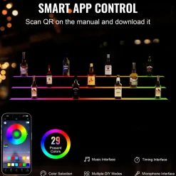 VEVOR LED Lighted Liquor Bottle Display, 3 Tiers 60 Inch Commercial Illuminated Home Bar Shelf, 3 Steps Whiskey Rack Stand, Acrylic Drink Shelves with RF Remote & App Control, and Multicolor lighting