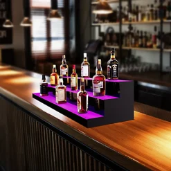 VEVOR LED Lighted Liquor Bottle Display, 3 Tiers 60 Inch Commercial Illuminated Home Bar Shelf, 3 Steps Whiskey Rack Stand, Acrylic Drink Shelves with RF Remote & App Control, and Multicolor lighting