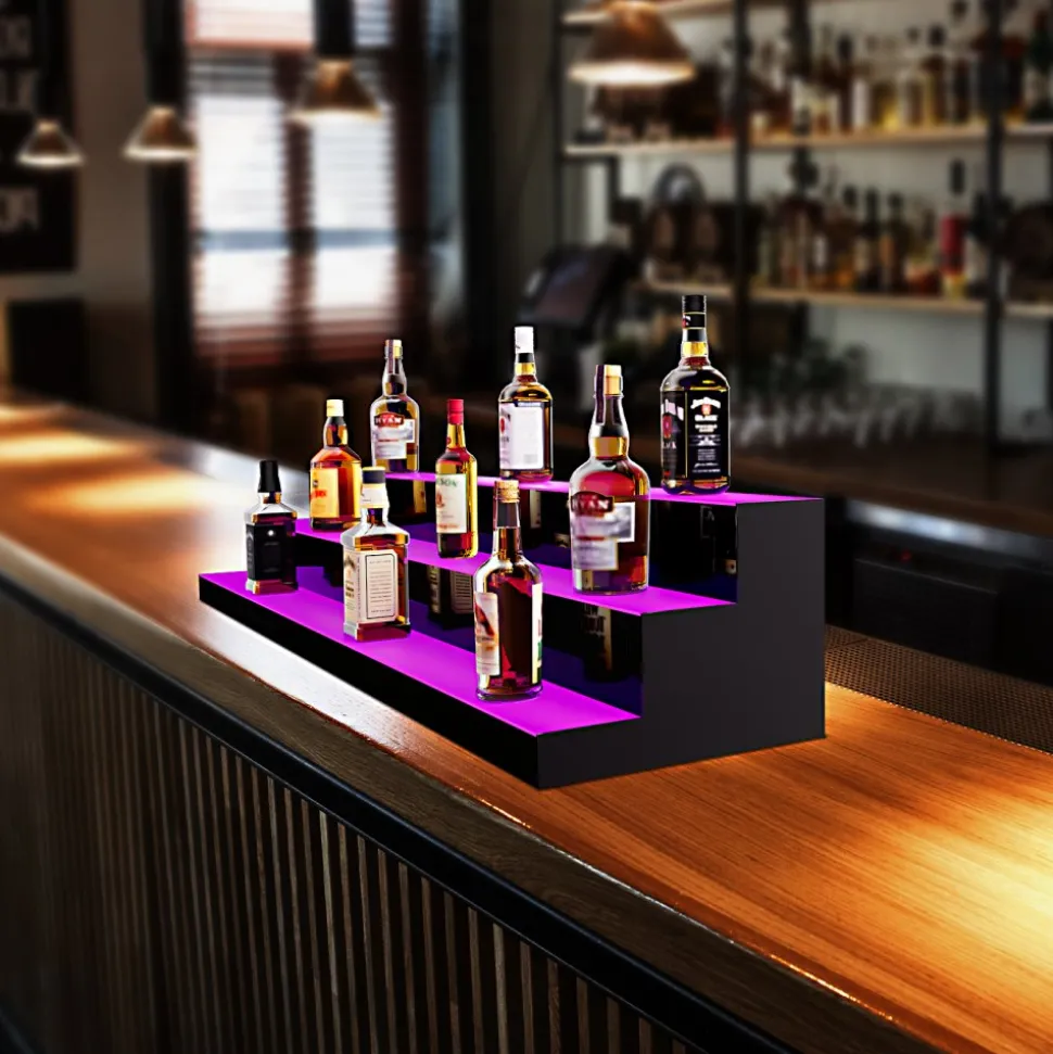 VEVOR LED Lighted Liquor Bottle Display, 3 Tiers 60 Inch Commercial Illuminated Home Bar Shelf, 3 Steps Whiskey Rack Stand, Acrylic Drink Shelves with RF Remote & App Control, and Multicolor lighting