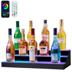 VEVOR LED Lighted Liquor Bottle Display, 3 Tiers 24 inches, Supports USB, Acrylic Illuminated Home Bar Shelf Display with RF Remote & App Control, 9 Static Colors, Timing Mode, for 18-24 Bottles