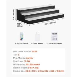 VEVOR LED Lighted Liquor Bottle Display, 3 Tiers 24 inches, Supports USB, Acrylic Illuminated Home Bar Shelf Display with RF Remote & App Control, 9 Static Colors, Timing Mode, for 18-24 Bottles