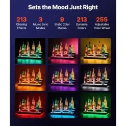 VEVOR LED Lighted Liquor Bottle Display, 3 Tiers 24 inches, Supports USB, Acrylic Illuminated Home Bar Shelf Display with RF Remote & App Control, 9 Static Colors, Timing Mode, for 18-24 Bottles