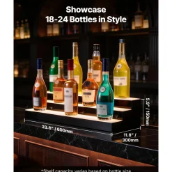 VEVOR LED Lighted Liquor Bottle Display, 3 Tiers 24 inches, Supports USB, Acrylic Illuminated Home Bar Shelf Display with RF Remote & App Control, 9 Static Colors, Timing Mode, for 18-24 Bottles