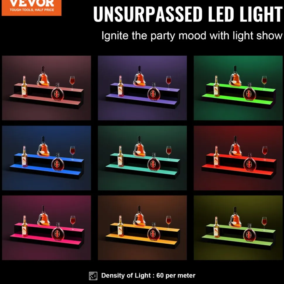 VEVOR LED Lighted Liquor Bottle Display, 2 Tiers 30 Inch Commercial Illuminated Home Bar Shelf, 2 Steps Whiskey Rack Stand, Acrylic Drink Shelves with RF Remote & App Control, and Multicolor lighting