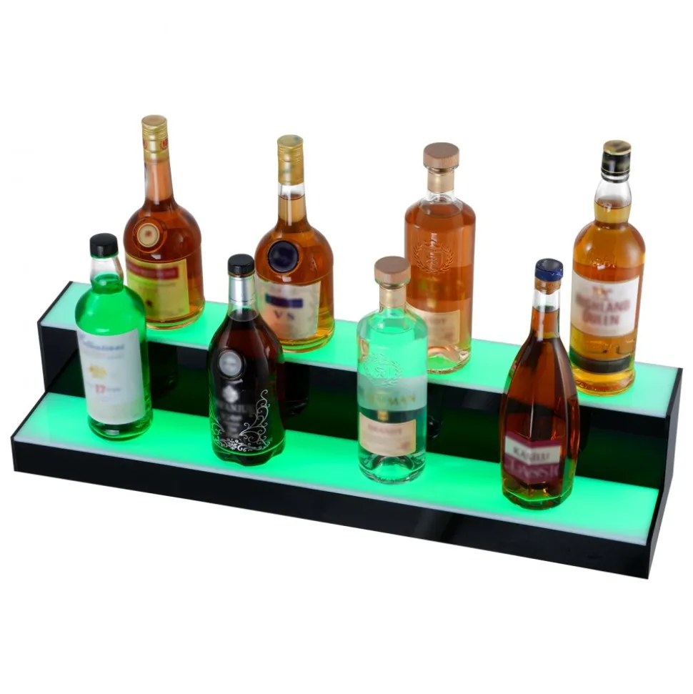 VEVOR LED Lighted Liquor Bottle Display, 2 Tiers 30 Inch Commercial Illuminated Home Bar Shelf, 2 Steps Whiskey Rack Stand, Acrylic Drink Shelves with RF Remote & App Control, and Multicolor lighting