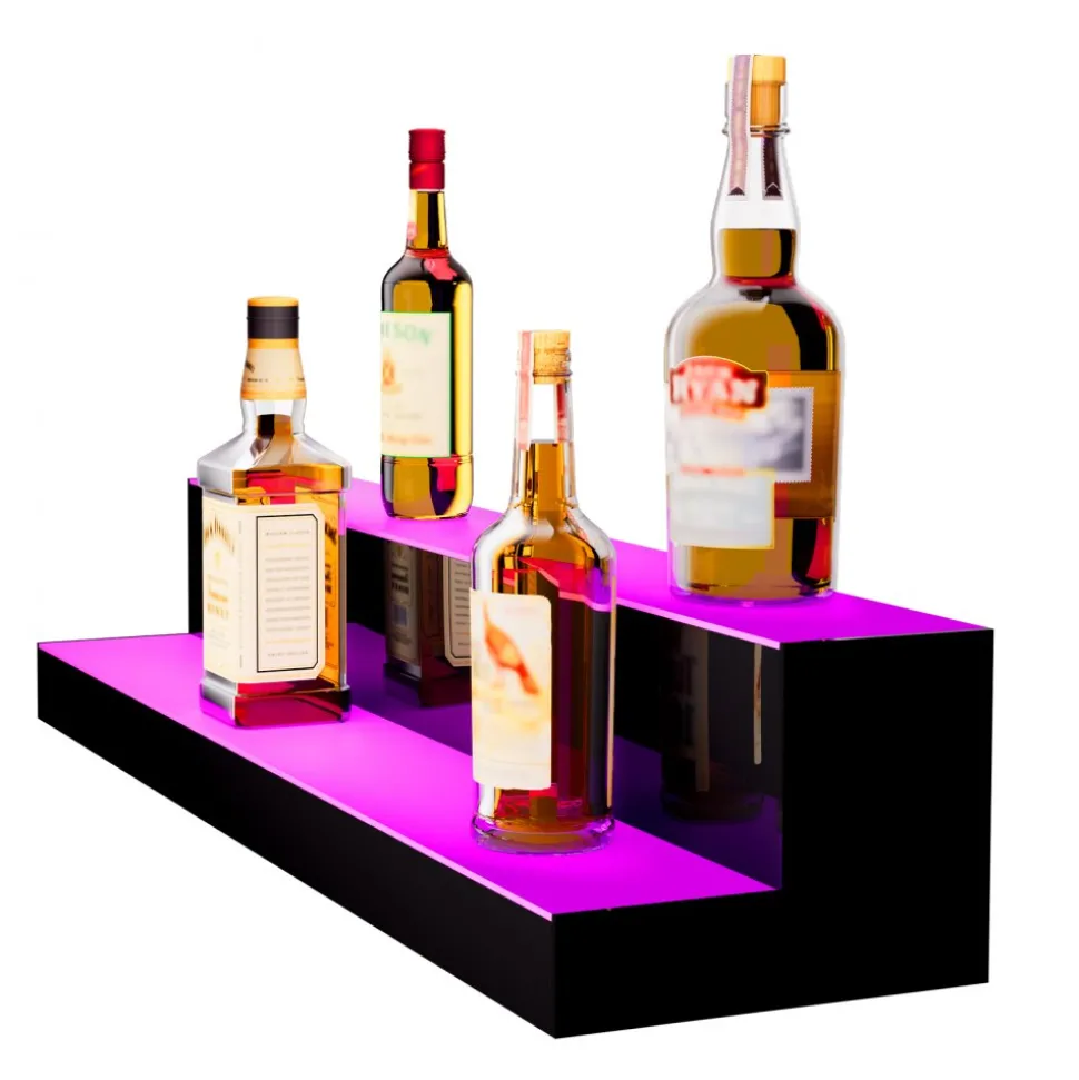 VEVOR LED Lighted Liquor Bottle Display, 2 Tiers 30 Inch Commercial Illuminated Home Bar Shelf, 2 Steps Whiskey Rack Stand, Acrylic Drink Shelves with RF Remote & App Control, and Multicolor lighting
