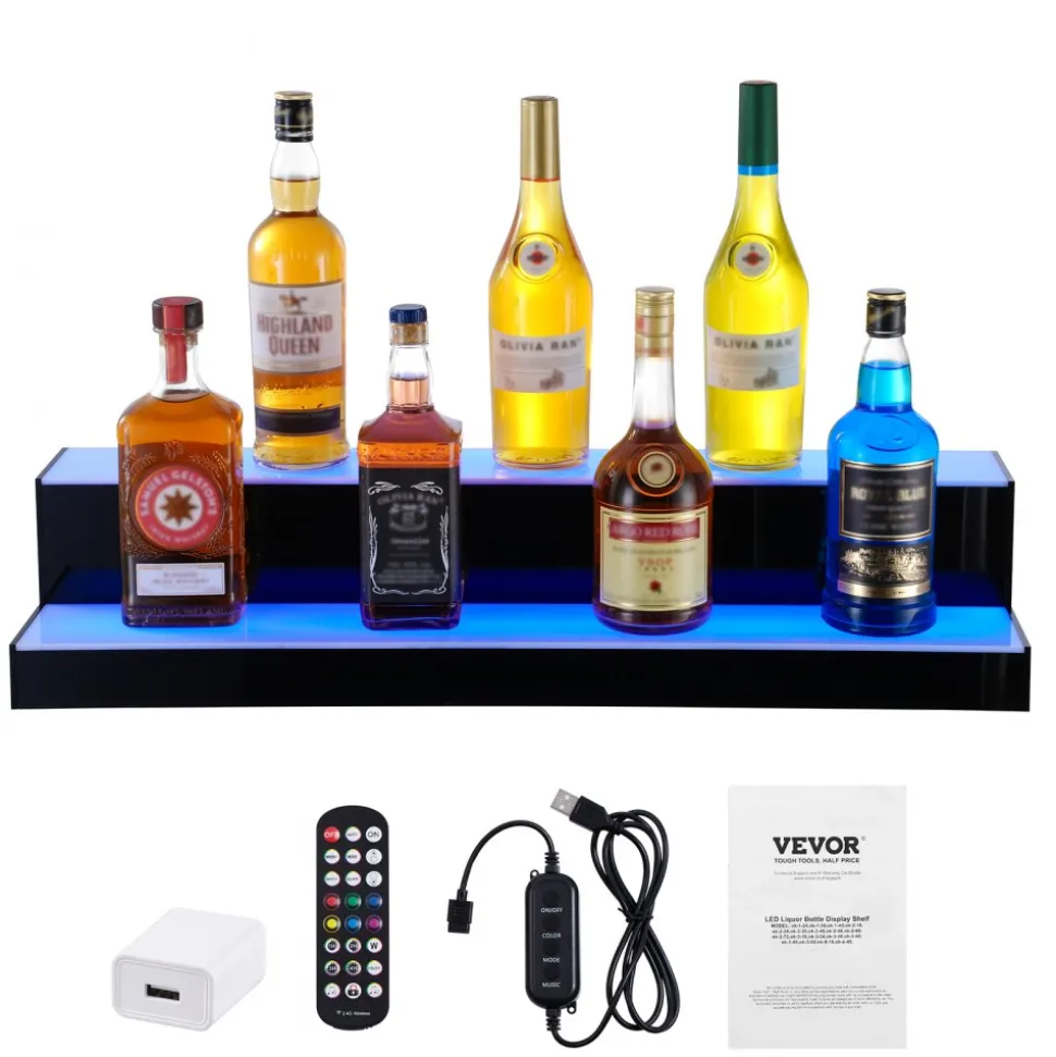 VEVOR LED Lighted Liquor Bottle Display, 2 Tiers 30 Inch Commercial Illuminated Home Bar Shelf, 2 Steps Whiskey Rack Stand, Acrylic Drink Shelves with RF Remote & App Control, and Multicolor lighting