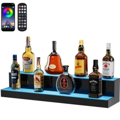 VEVOR LED Lighted Liquor Bottle Display, 2 Tiers 30 Inch Commercial Illuminated Home Bar Shelf, 2 Steps Whiskey Rack Stand, Acrylic Drink Shelves with RF Remote & App Control, and Multicolor lighting