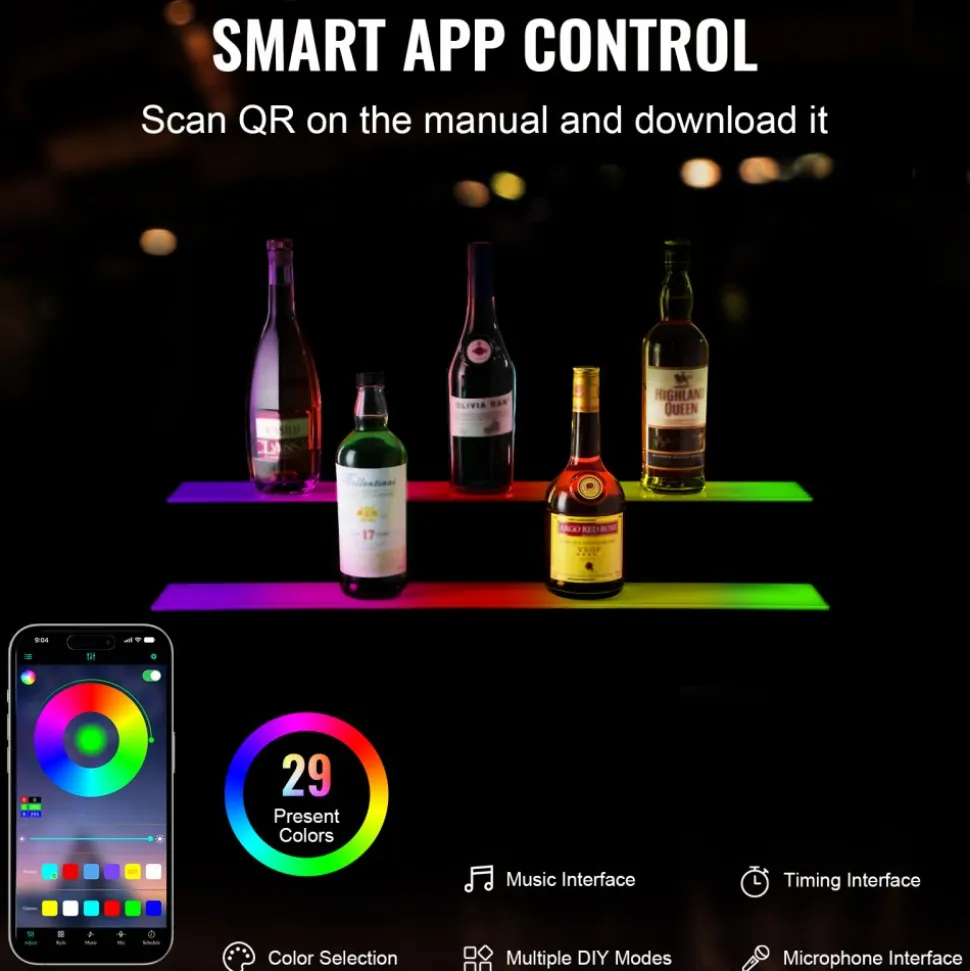 VEVOR LED Lighted Liquor Bottle Display, 2 Tiers 30 Inch Commercial Illuminated Home Bar Shelf, 2 Steps Whiskey Rack Stand, Acrylic Drink Shelves with RF Remote & App Control, and Multicolor lighting