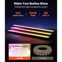 VEVOR LED Lighted Liquor Bottle Display, 3 Tiers 24 Inch Commercial Illuminated Home Bar Shelf, 3 Steps Whiskey Rack Stand, Acrylic Drink Shelves with RF Remote & App Control, and Multicolor lighting