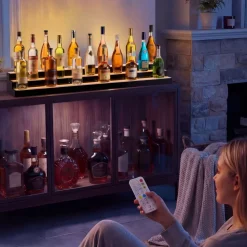 VEVOR LED Lighted Liquor Bottle Display, 3 Tiers 24 Inch Commercial Illuminated Home Bar Shelf, 3 Steps Whiskey Rack Stand, Acrylic Drink Shelves with RF Remote & App Control, and Multicolor lighting