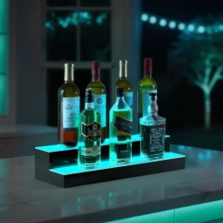 VEVOR LED Lighted Liquor Bottle Display, 2 Tiers 20 Inches Whiskey Rack, Supports USB, Illuminated Home Bar Shelf with RF Remote & App Control, 9 Static Colors, Acrylic Lighted Shelf for 10 Bottles