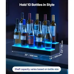 VEVOR LED Lighted Liquor Bottle Display, 2 Tiers 20 Inches Whiskey Rack, Supports USB, Illuminated Home Bar Shelf with RF Remote & App Control, 9 Static Colors, Acrylic Lighted Shelf for 10 Bottles