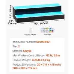 VEVOR LED Lighted Liquor Bottle Display, 2 Tiers 20 Inches Whiskey Rack, Supports USB, Illuminated Home Bar Shelf with RF Remote & App Control, 9 Static Colors, Acrylic Lighted Shelf for 10 Bottles