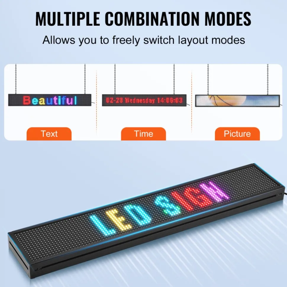 VEVOR LED Message Board, P10 Full Color Scrolling Display, Customizable Text and Animation via WIFI or USB, Ideal for Retail, Parties, and Bars, 52"x8"