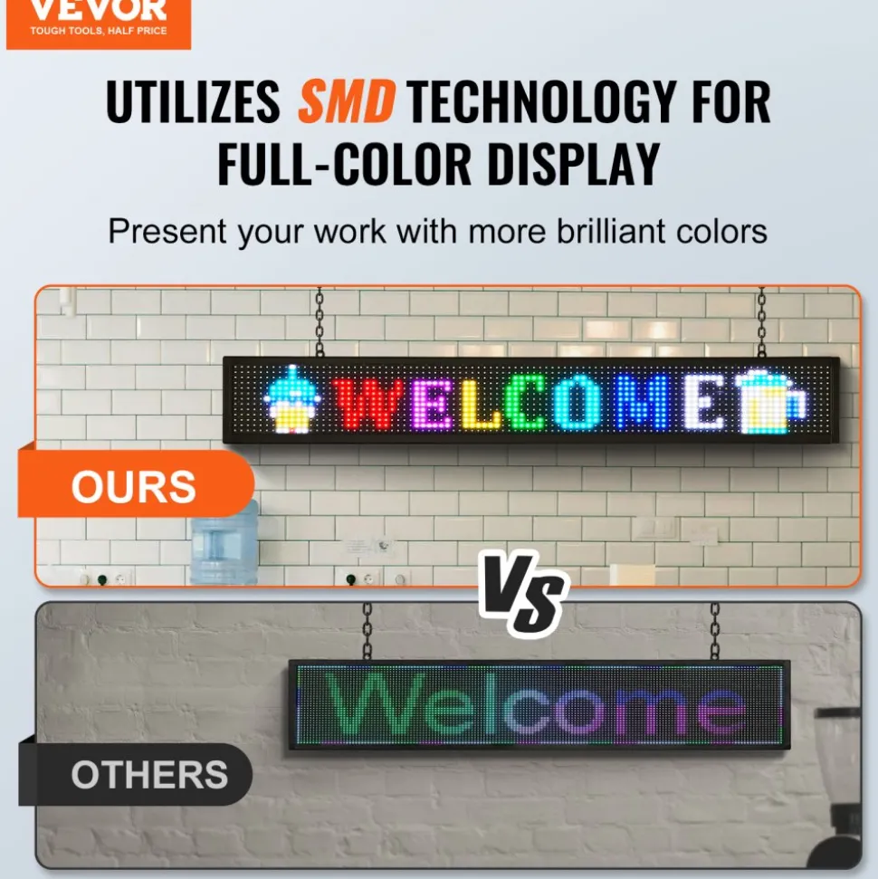 VEVOR LED Message Board, P10 Full Color Scrolling Display, Customizable Text and Animation via WIFI or USB, Ideal for Retail, Parties, and Bars, 52"x8"