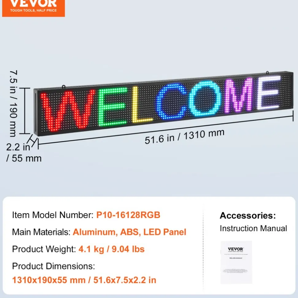 VEVOR LED Message Board, P10 Full Color Scrolling Display, Customizable Text and Animation via WIFI or USB, Ideal for Retail, Parties, and Bars, 52"x8"