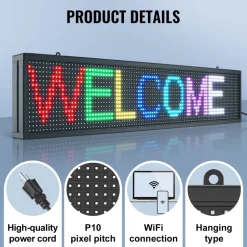 VEVOR LED Message Board, P10 Full Color Scrolling Display, Customizable Text and Animation via WIFI or USB, Ideal for Retail, Parties, and Bars, 52