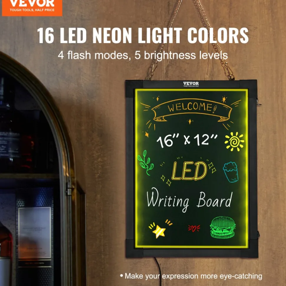 VEVOR LED Message Writing Board, 16"x12" Illuminated Erasable Lighted Chalkboard, Neon Effect Menu Sign Board, Drawing Board with 8 Fluorescent Chalk Markers and Remote Control, for Home Wedding Shop