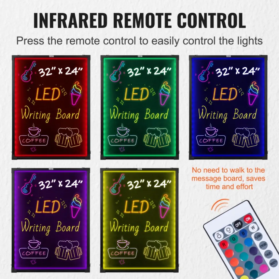 VEVOR LED Message Writing Board, 32"x24" Illuminated Erasable Lighted Chalkboard, Neon Effect Menu Sign Board, Drawing Board with 8 Fluorescent Chalk Markers and Remote Contro Tested toStandards