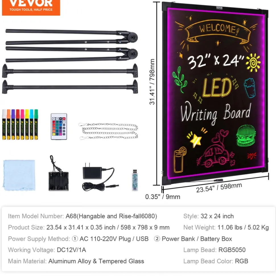 VEVOR LED Message Writing Board, 32"x24" Illuminated Erasable Lighted Chalkboard, Neon Effect Menu Sign Board, Drawing Board with 8 Fluorescent Chalk Markers and Remote Contro Tested toStandards