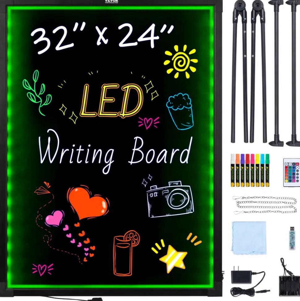 VEVOR LED Message Writing Board, 32"x24" Illuminated Erasable Lighted Chalkboard, Neon Effect Menu Sign Board, Drawing Board with 8 Fluorescent Chalk Markers and Remote Contro Tested toStandards