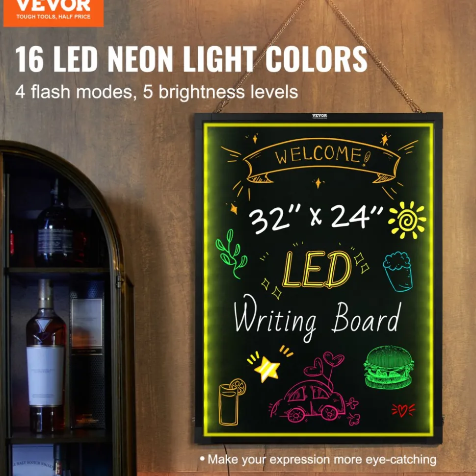VEVOR LED Message Writing Board, 32"x24" Illuminated Erasable Lighted Chalkboard, Neon Effect Menu Sign Board, Drawing Board with 8 Fluorescent Chalk Markers and Remote Contro Tested toStandards
