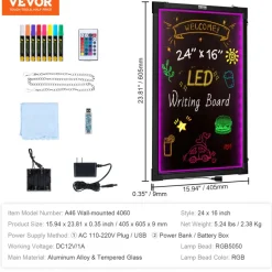 VEVOR LED Message Writing Board, 24"x16" Illuminated Erasable Lighted Chalkboard, Neon Effect Menu Sign Board, Drawing Board with 8 Fluorescent Chalk Markers and Remote Tested to UL Standards