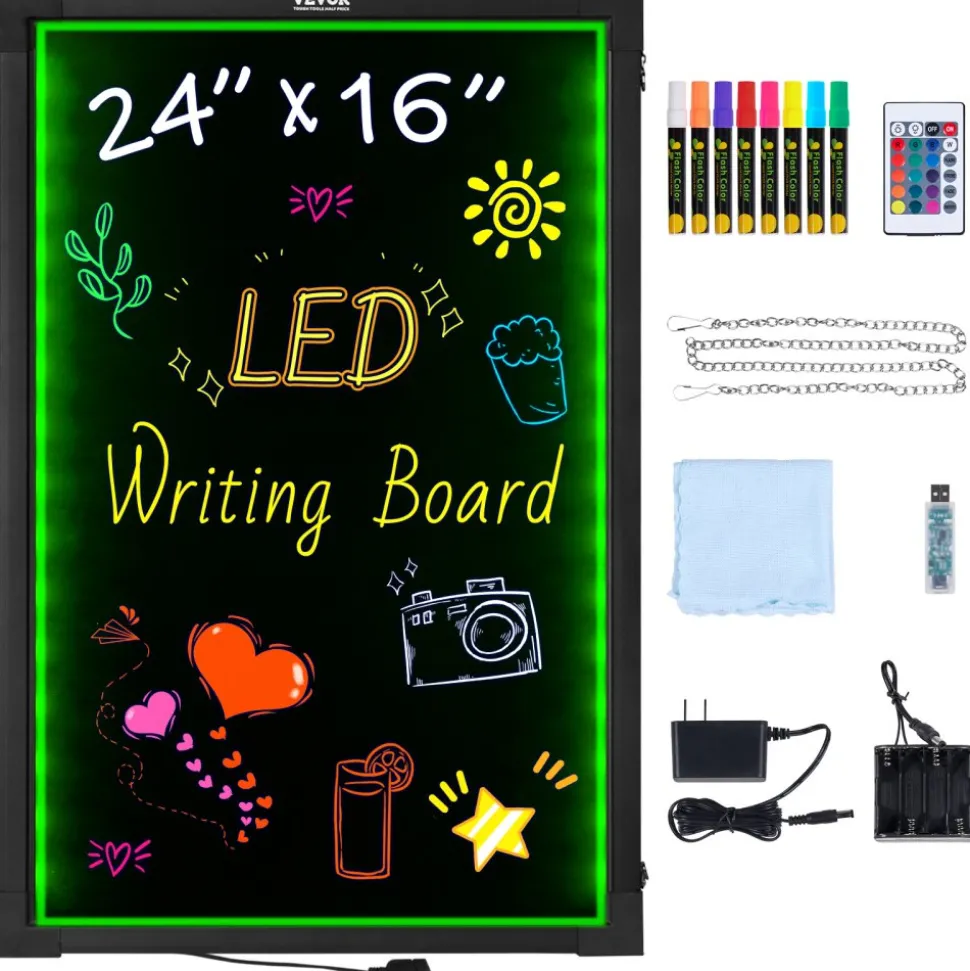 VEVOR LED Message Writing Board, 24"x16" Illuminated Erasable Lighted Chalkboard, Neon Effect Menu Sign Board, Drawing Board with 8 Fluorescent Chalk Markers and Remote Tested to UL Standards