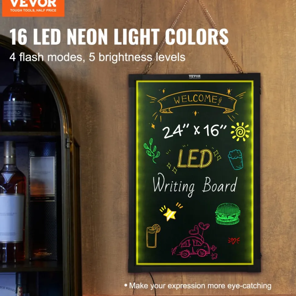 VEVOR LED Message Writing Board, 24"x16" Illuminated Erasable Lighted Chalkboard, Neon Effect Menu Sign Board, Drawing Board with 8 Fluorescent Chalk Markers and Remote Tested to UL Standards