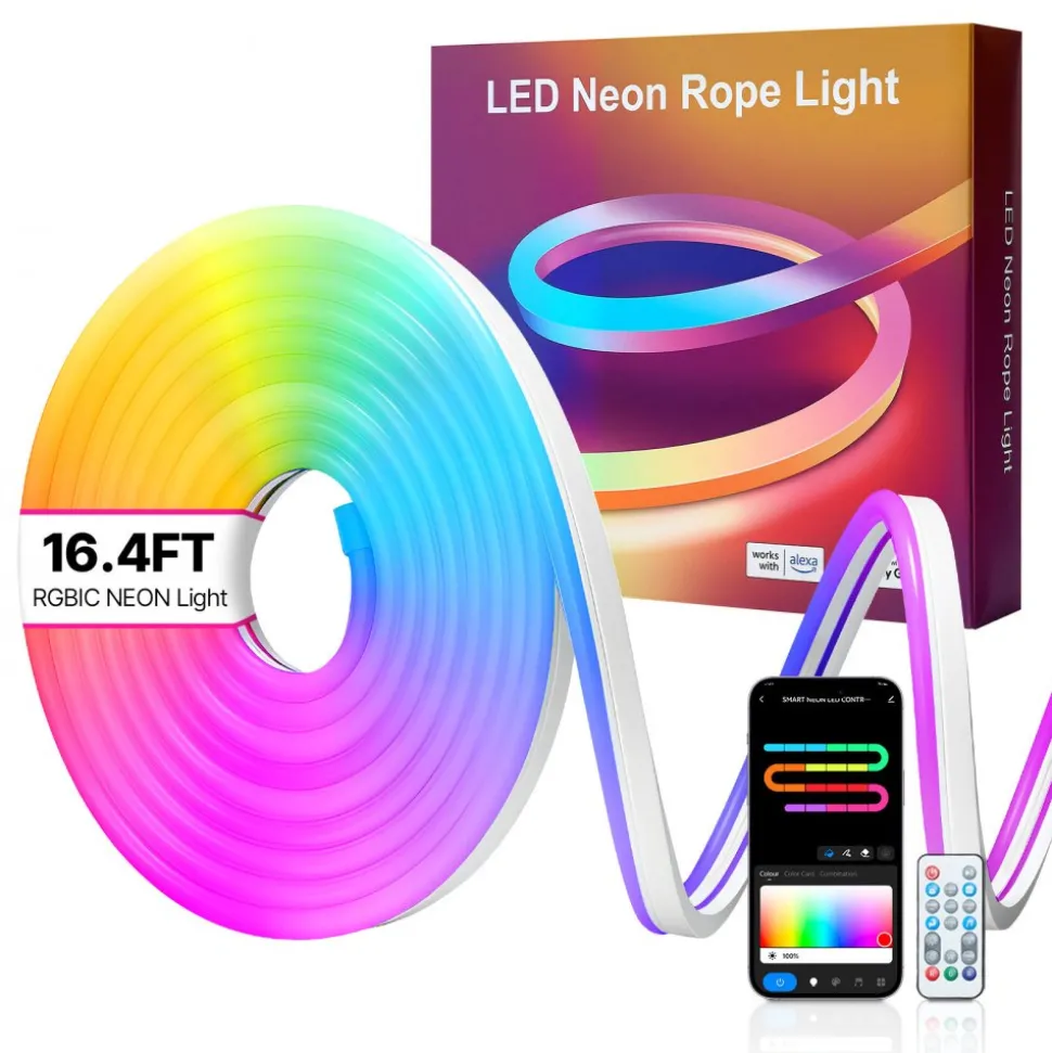 VEVOR LED Neon Rope Light, 16.4 ft, Flexible RGB-IC LED Strip Light, Control with App/Remote, Works with Alexa & Google Assistant, Music Syncing, Custom DIY Neon Flex Lights, for Bedroom Gaming Indoor
