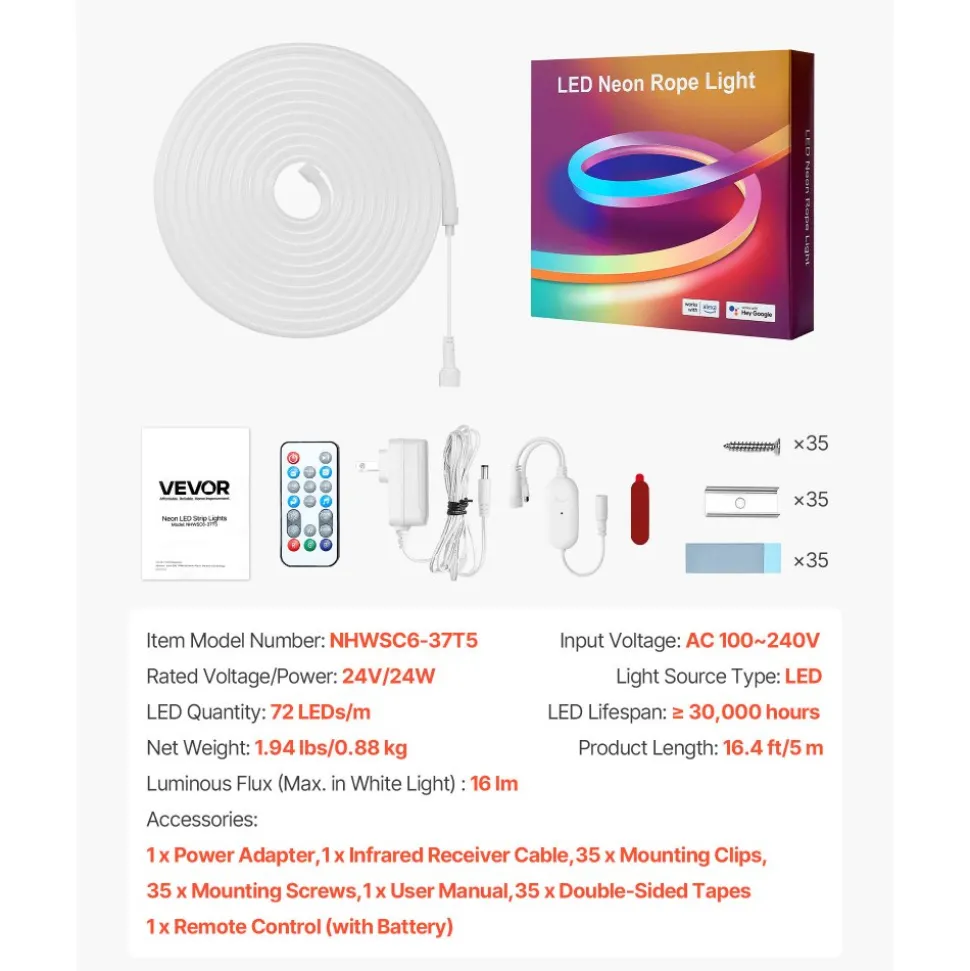 VEVOR LED Neon Rope Light, 16.4 ft, Flexible RGB-IC LED Strip Light, Control with App/Remote, Works with Alexa & Google Assistant, Music Syncing, Custom DIY Neon Flex Lights, for Bedroom Gaming Indoor