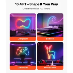 VEVOR LED Neon Rope Light, 16.4 ft, Flexible RGB-IC LED Strip Light, Control with App/Remote, Works with Alexa & Google Assistant, Music Syncing, Custom DIY Neon Flex Lights, for Bedroom Gaming Indoor